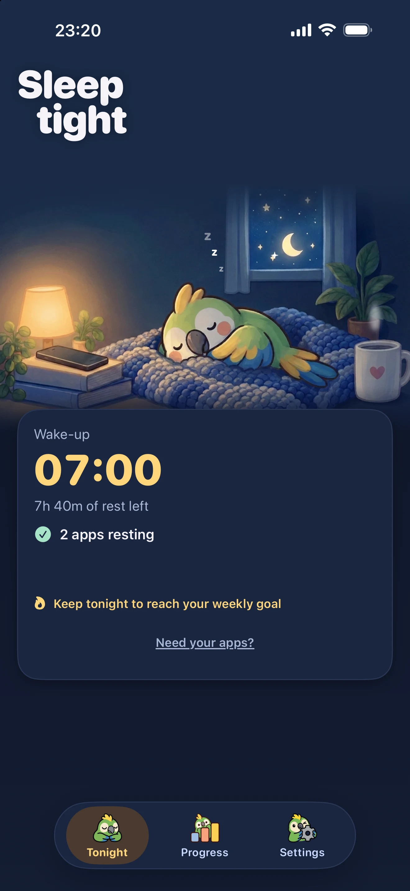 Bedline at bedtime: Sleep tight. Two apps resting until 07:00.