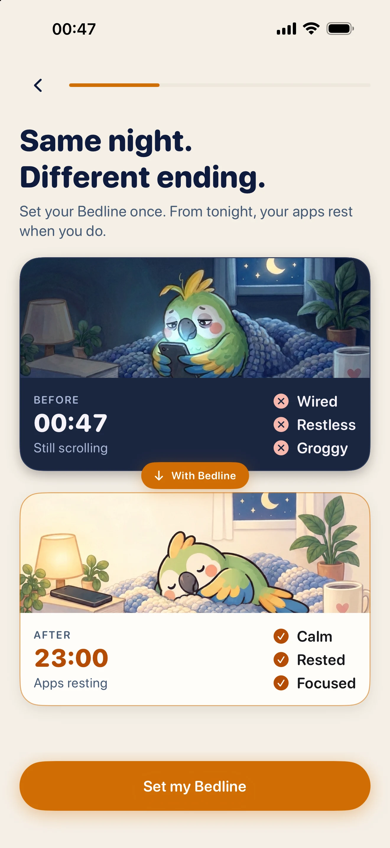 Bedline app: same night, different ending. A scrolling parrot before bedtime and a resting parrot with Bedline.